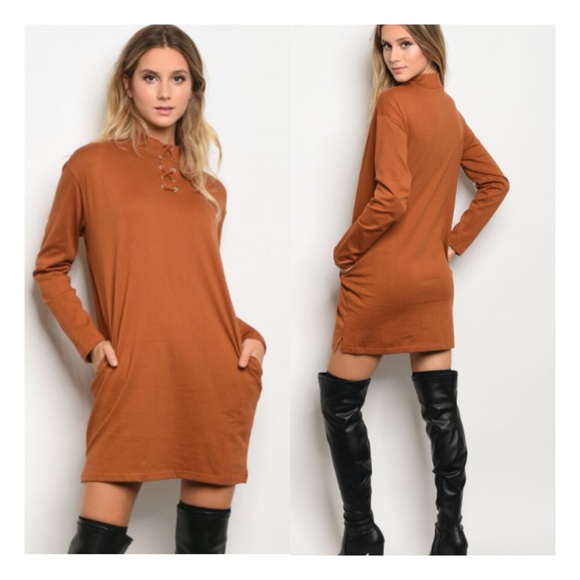 Very J Boutique Rust Shift Dress with Laced Neck - Picture 8 of 8